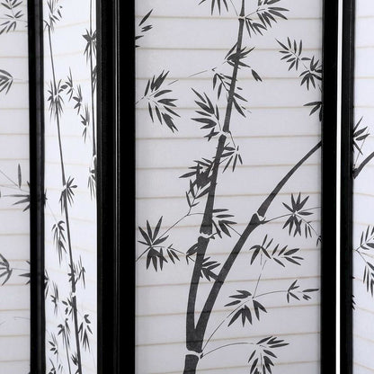 Black 4-Panel Wood Folding Room Divider, Bamboo Print Rice Paper, 71 Inch