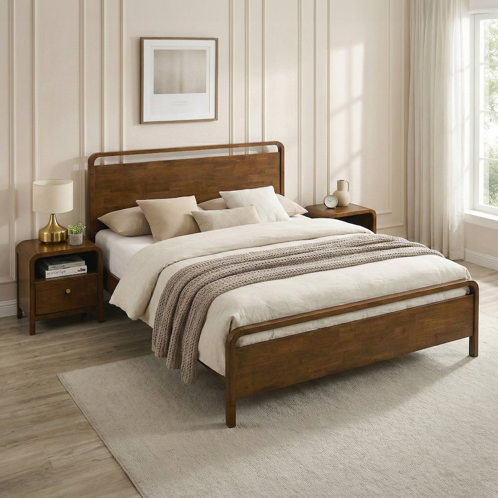 Eldren Wood Bedroom Set, King Platform Bed with Two Nightstands in Walnut Finish