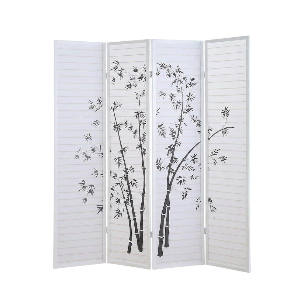 White 4-Panel Wood Folding Room Divider, Bamboo Print Rice Paper, 71 Inch