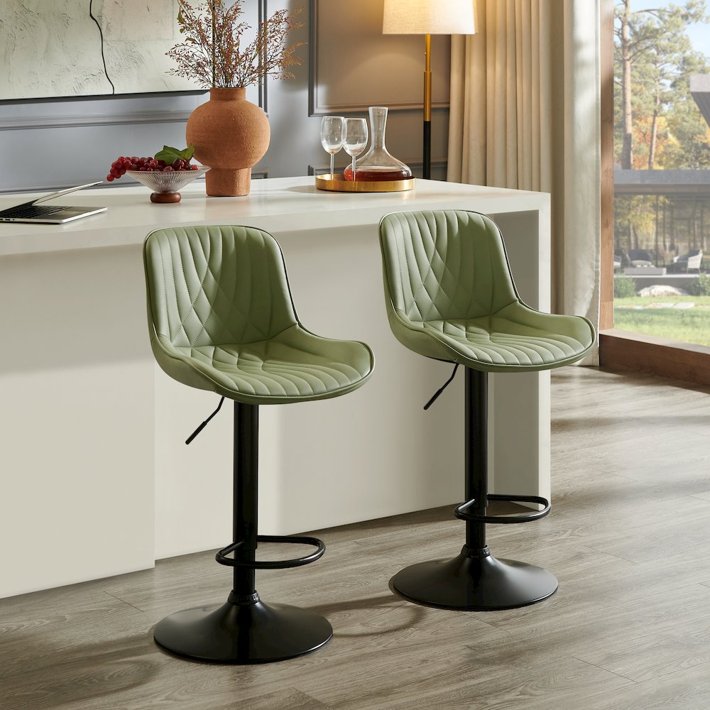 Kovyn Contemporary Adjustable Barstool with Faux Leather Swivel Seats, Set of 2