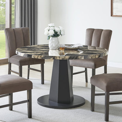 Cavira 5-PC Dining Set, Black and Gold Faux Marble Table with 4 Brown Chairs