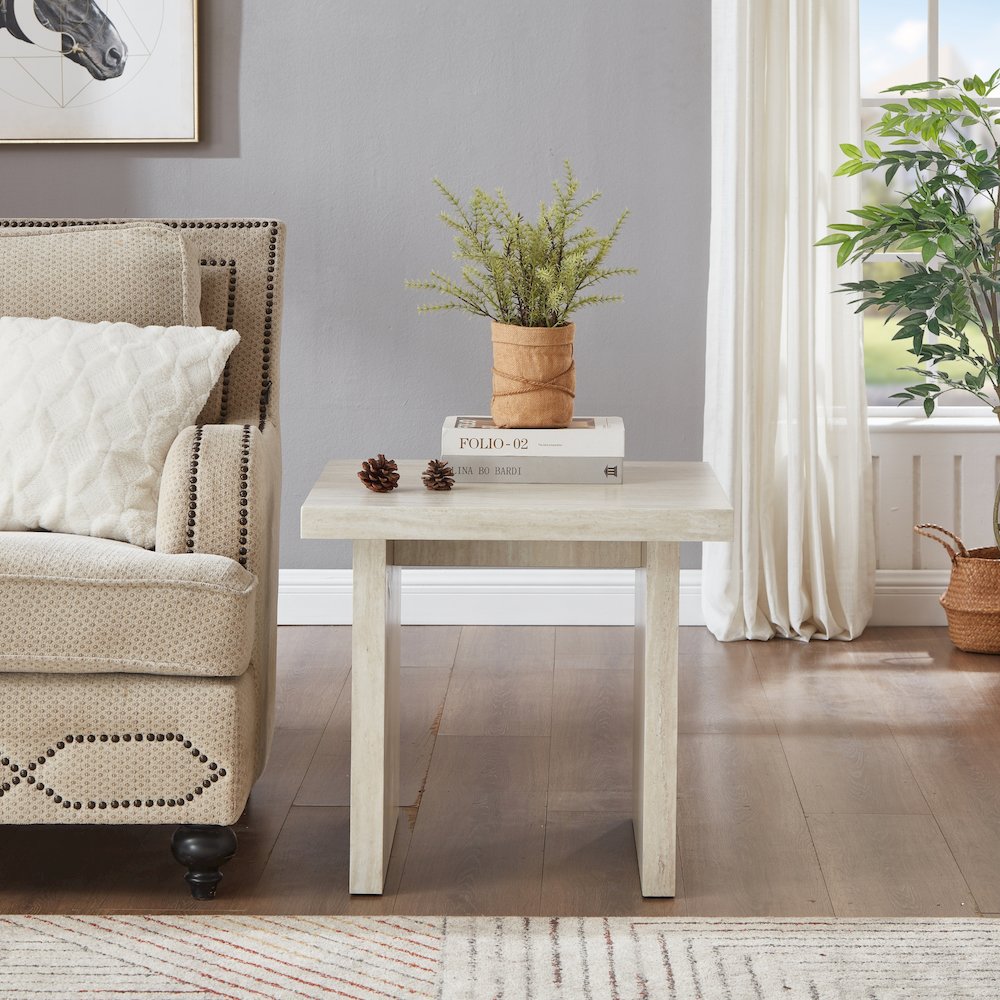 Cavira Modern Faux Marble Living Room End Table, Beige
