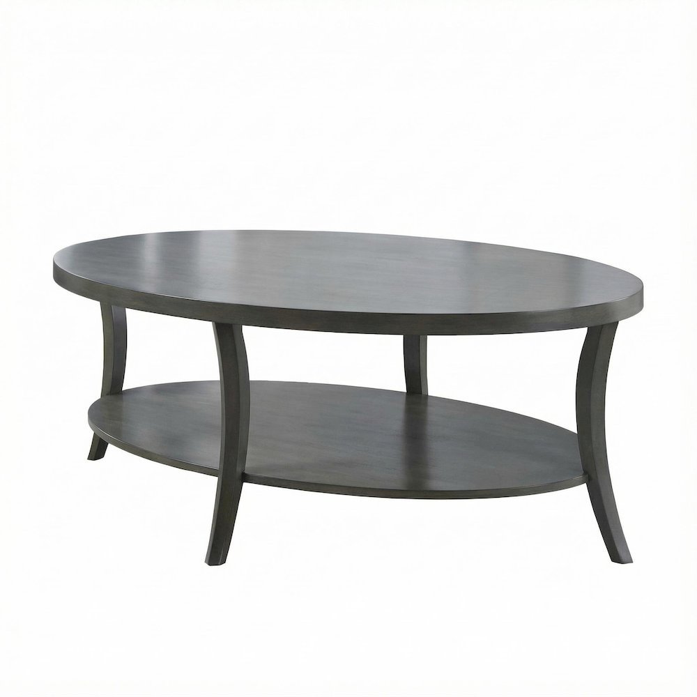Gray Oval Coffee Table with Open Shelf and Sturdy Frame for Living Room