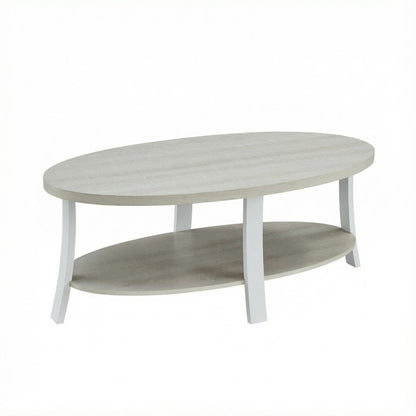White Oval Wood Shelf Coffee Table with Contemporary Design and Storage Space