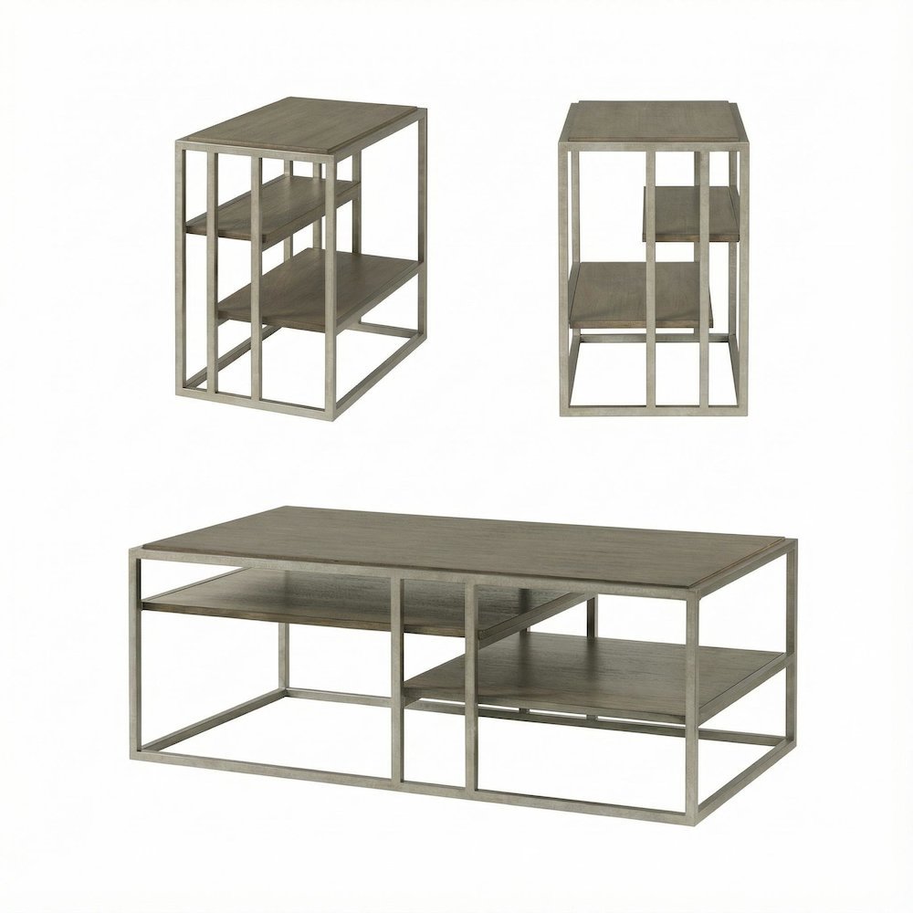 Metal Frame Coffee Table Set with 2 Wood Chairside Tables for Living Room