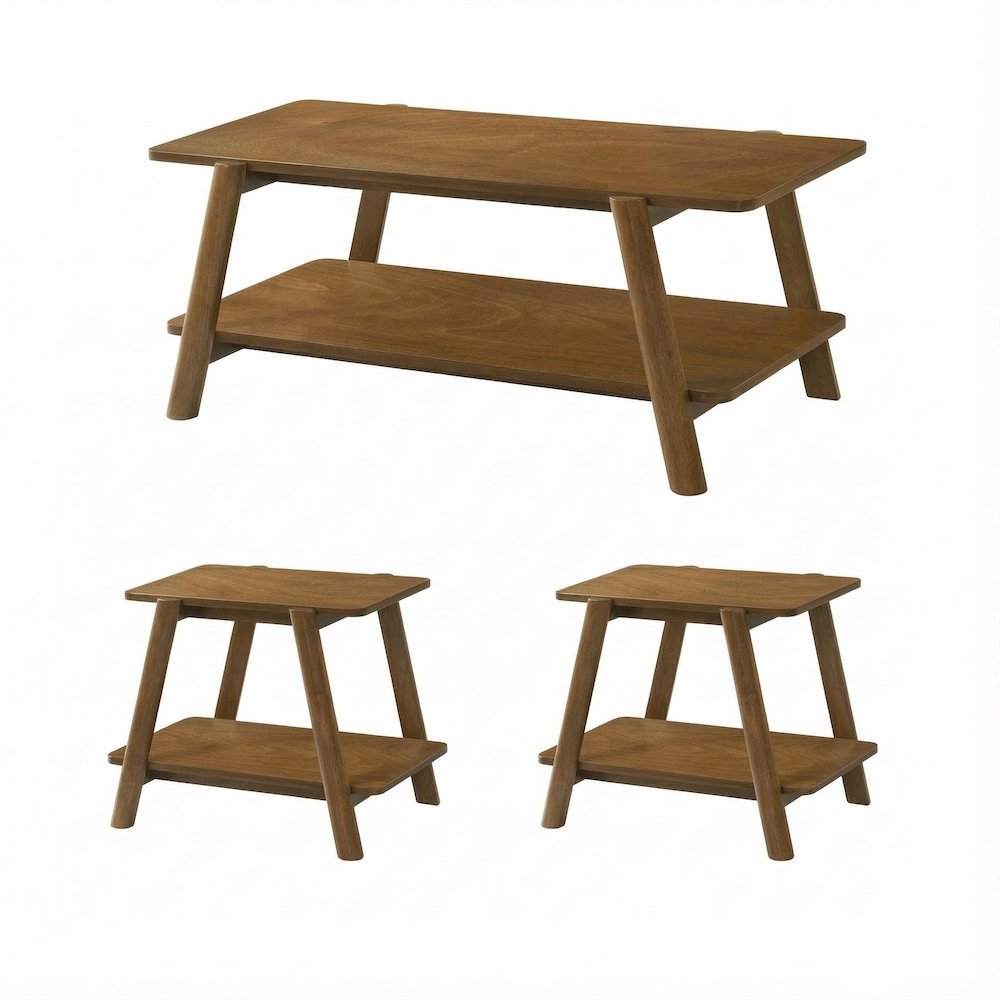 Walnut 3-Piece Wood Coffee Table Set with Mid-Century Modern Design