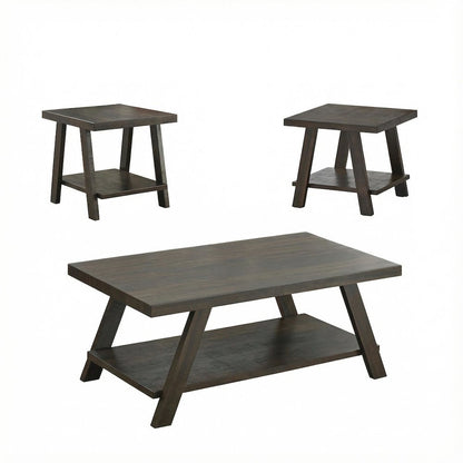 3-Piece Wood Shelf Coffee Table Set in Weathered Espresso Finish with Storage