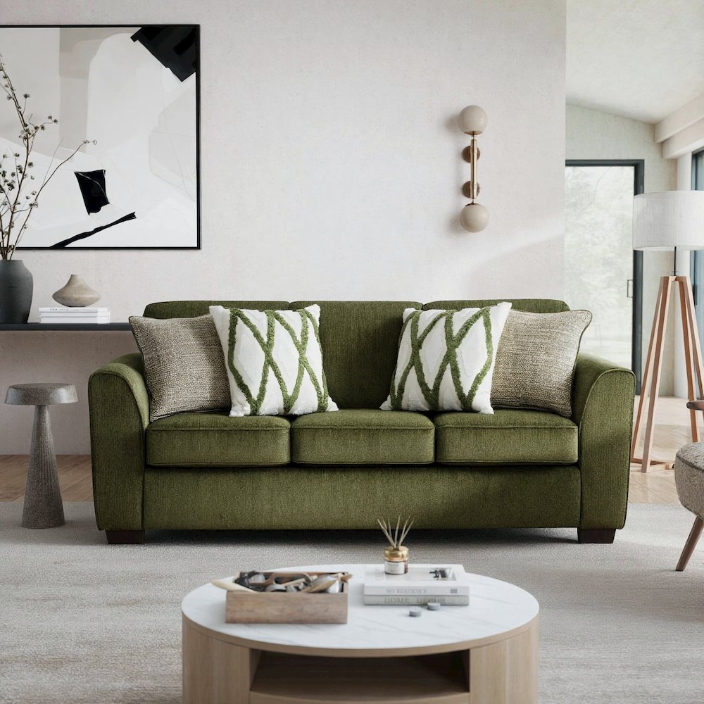 Marvella Living Room Sofa with Mosswood Chenille Upholstery, Accent Pillows