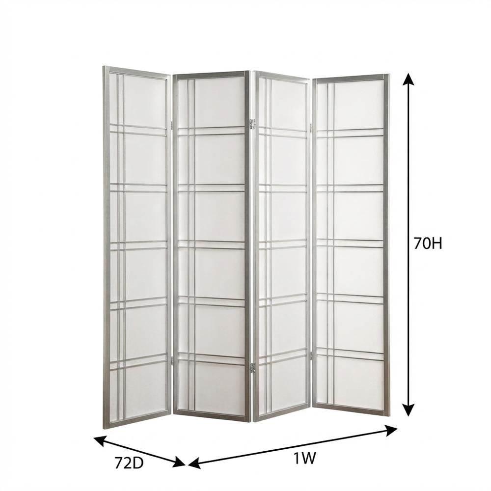 Silver 4-Panel Wood Folding Room Divider, Rice Paper, 70 Inch