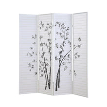 White 4-Panel Wood Folding Room Divider, Bamboo Print Rice Paper, 71 Inch