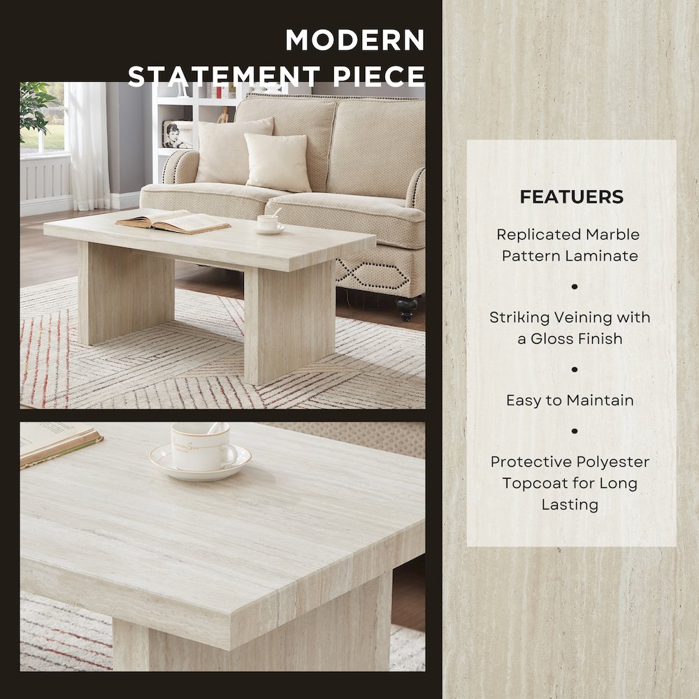 Cavira 3-Piece Faux Marble Coffee Table Set, Table and Two Side Tables, Beige