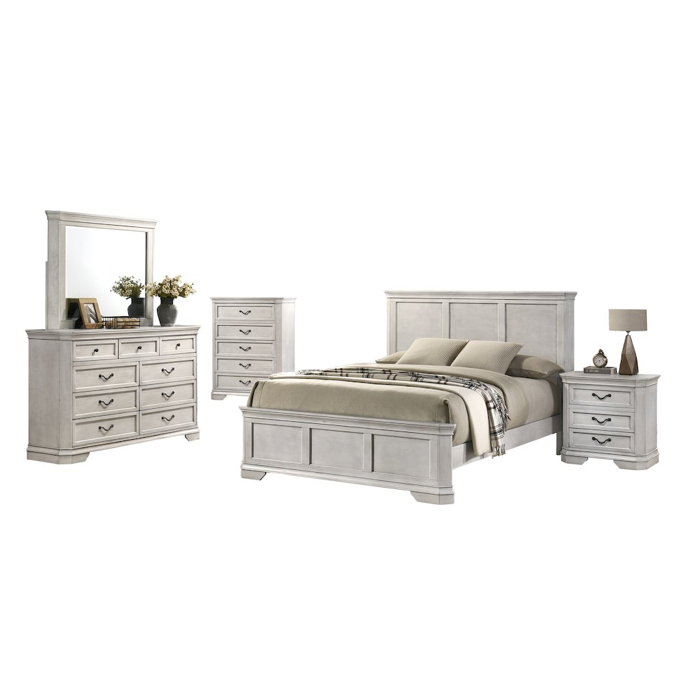 Maderne Wood Panel Bed with Dresser, Mirror, Nightstand, Chest