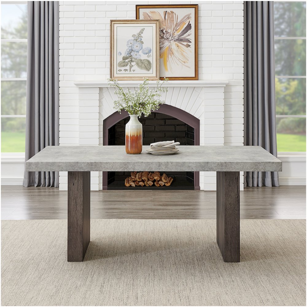 Sorlen 6-PC Dining Set, 3D Faux Concrete Table with 4 Chocolate Chairs and Bench