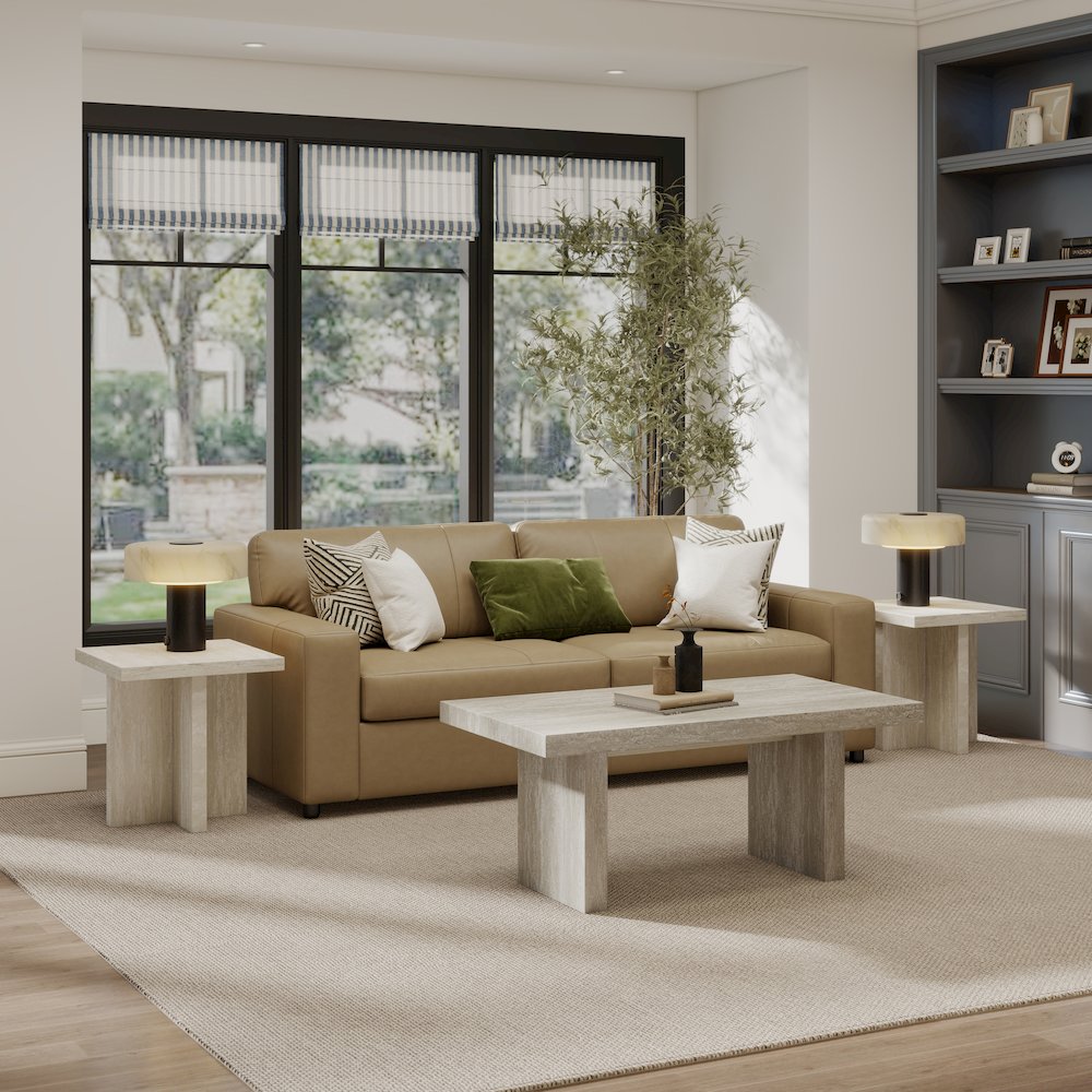 Cavira 3-Piece Faux Marble Coffee Table Set, Table and Two Side Tables, Beige