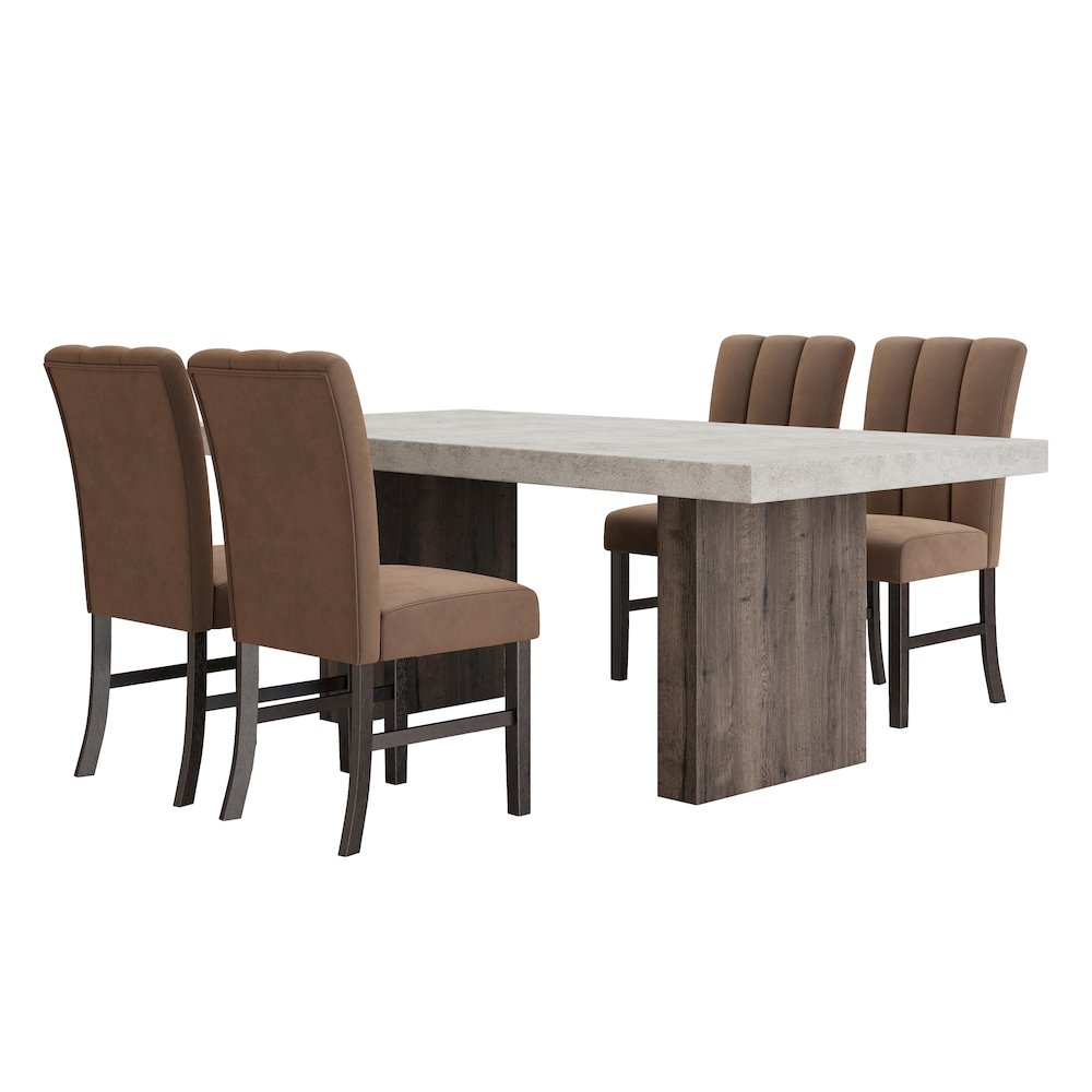 Sorlen 5-Piece Dining Set, 3D Faux Concrete Table with 4 Chocolate Fabric Chairs