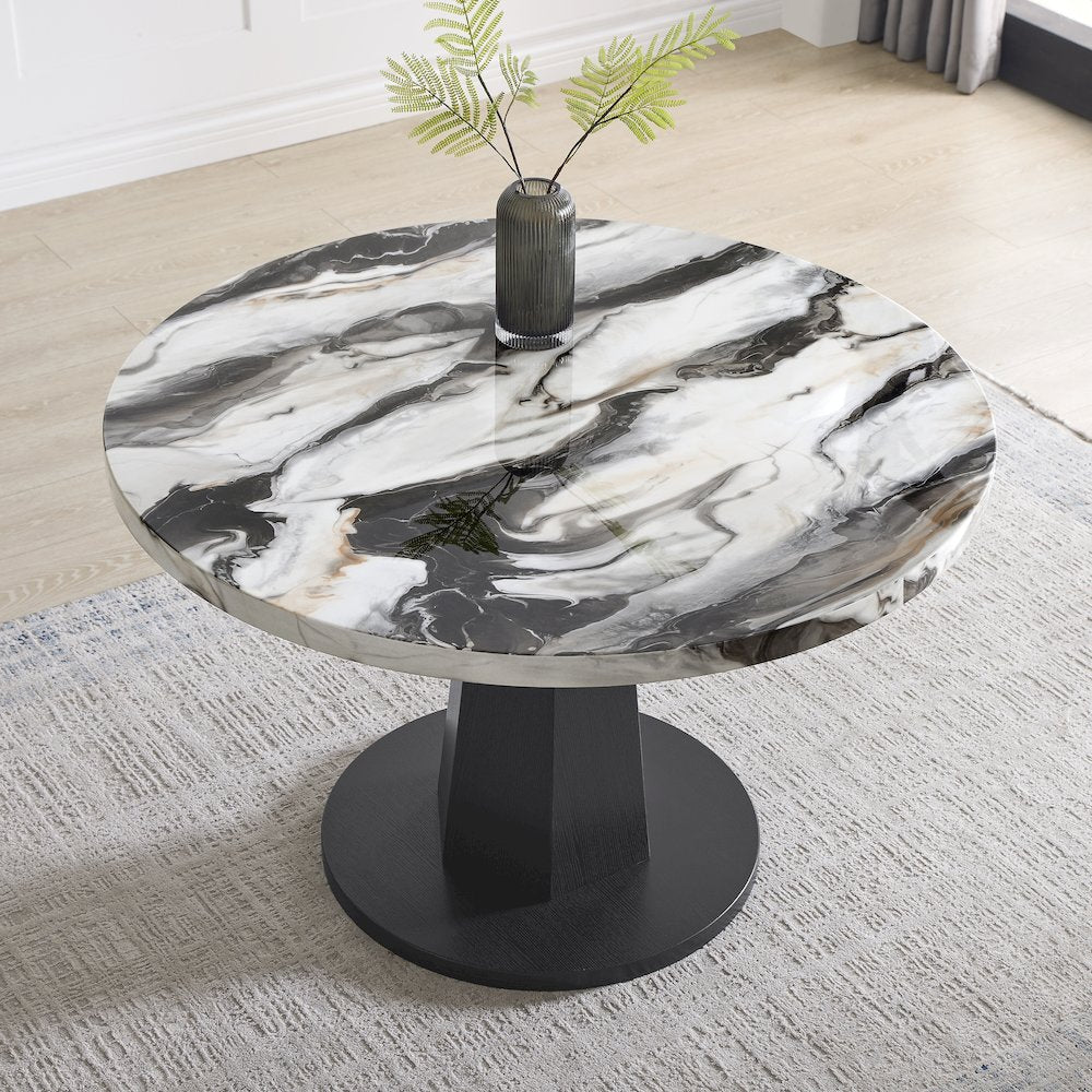 Cavira 5-PC Dining Set, Off-White Faux Marble Table with Four Brown Chairs