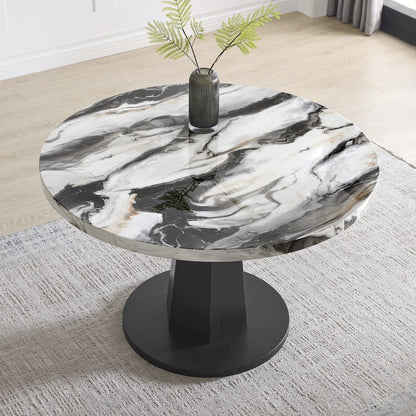 Cavira 5-PC Dining Set, Off-White Faux Marble Table with Four Brown Chairs