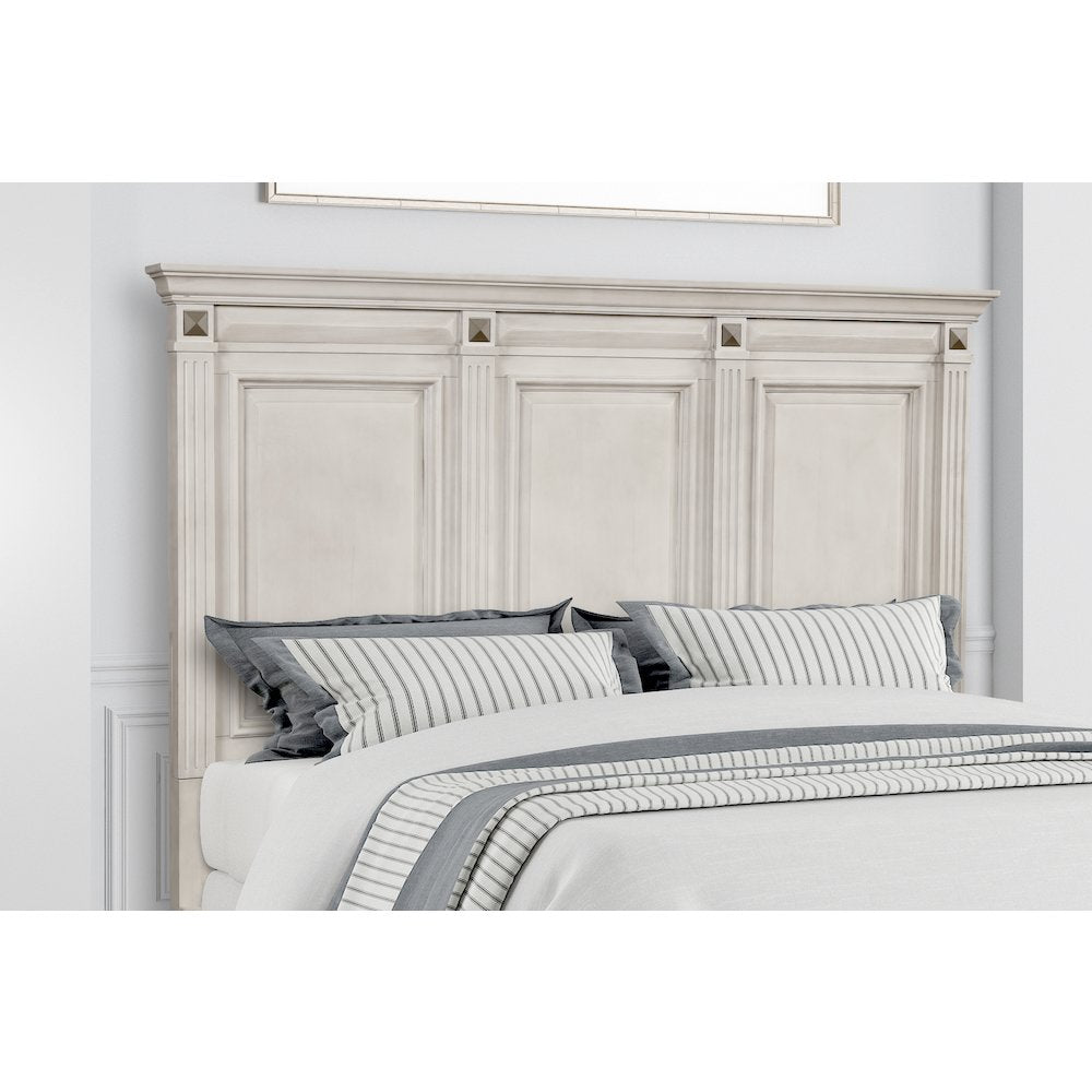 Distressed Parchment Wood Bedroom Set, King Bed, Dresser, Mirror, 2 Nightstands