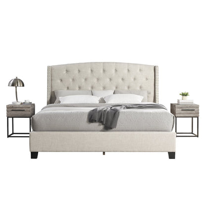 3-Piece Upholstered Bedroom Set, Tufted Wingback Bed, 2Gray Nightstands, Queen
