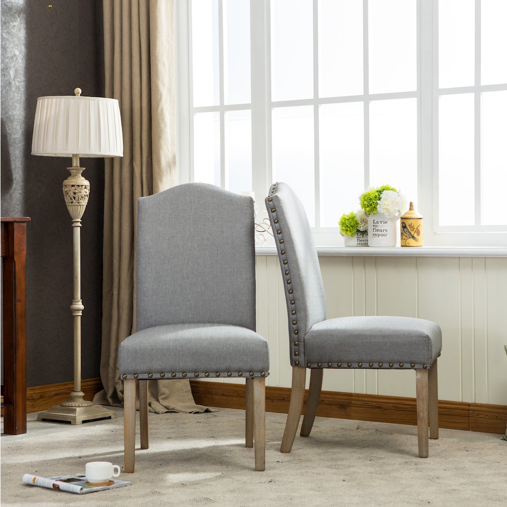 Mod Urban Style Solid Wood Nailhead Gray Fabric Padded Parson Chair, Set of 2