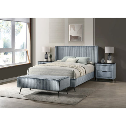 Mavela Wide Wale Corduroy Panel Queen Bed with 2 Nightstands and Bench, Blue