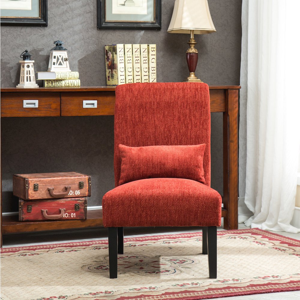 Pisano Red Fabric Armless Accent Chair with Matching Kidney Pillow