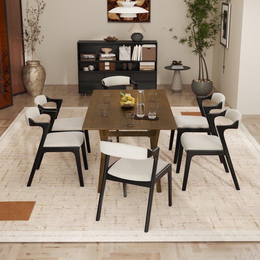 Modern 7-Piece Dining Set, Walnut Finished Dining Table with 6 Black Chairs