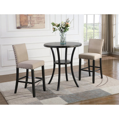 Biony 3-Pc 36" Round Espresso Finish Bar Table with 2 Tan Pub Chairs