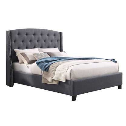 Nantarre Fabric Button Tufted Wingback Queen Bed with Nail Head Trim, Gray