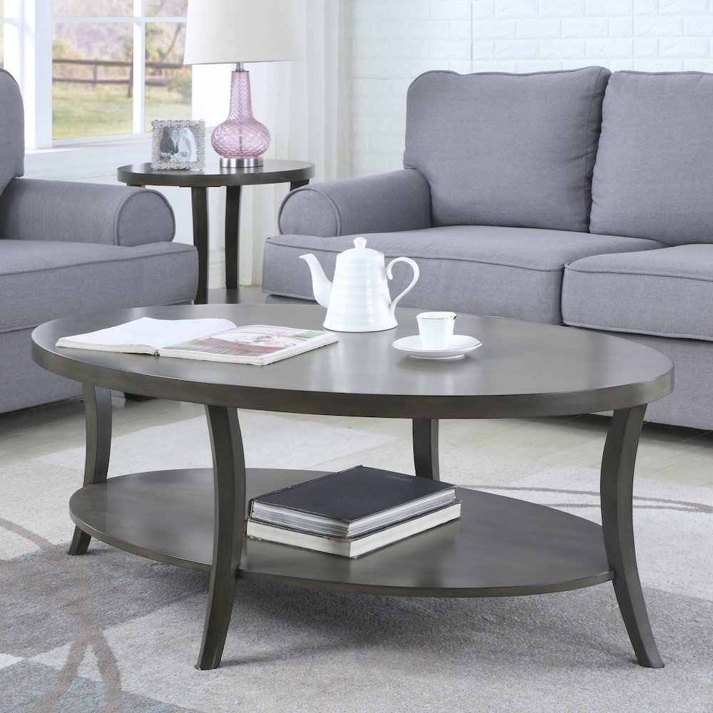 Perth Contemporary Oval Shelf Coffee Table Set, Gray