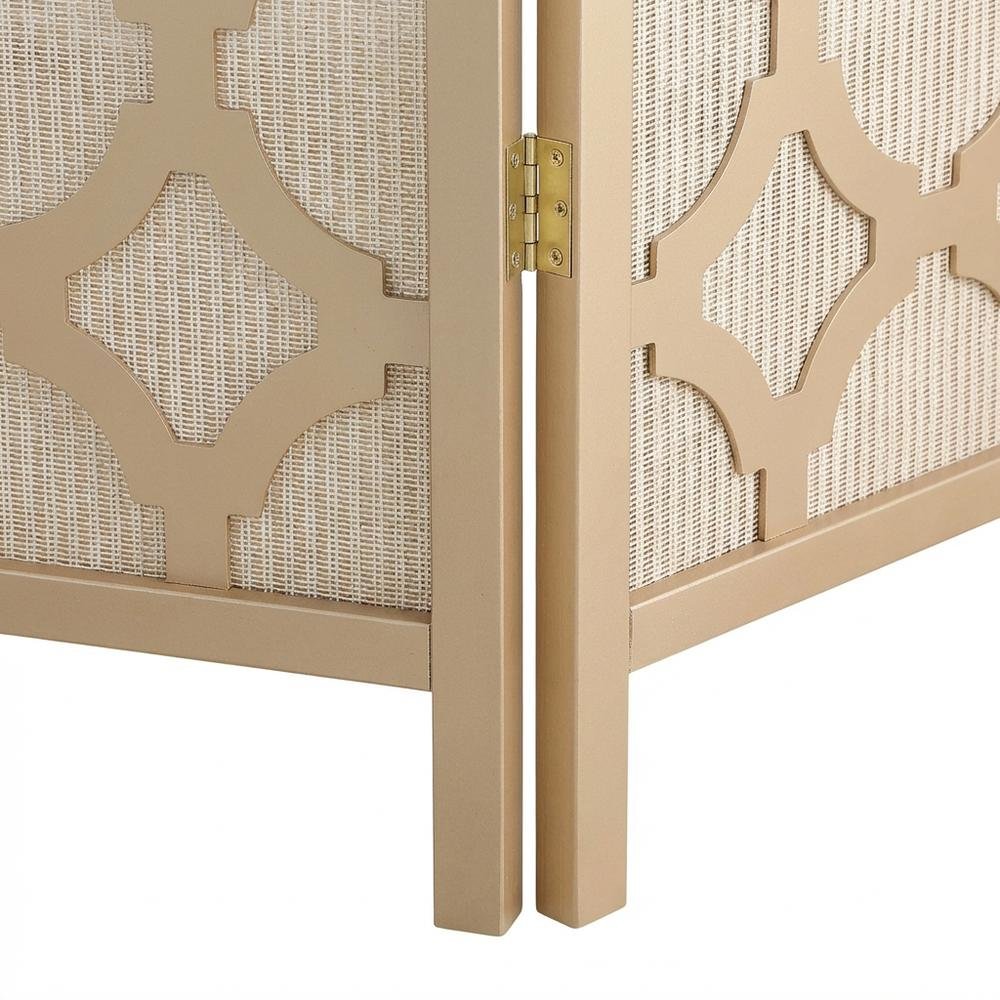 Gold 4-Panel Wood Folding Room Divider, Fabric Diamond Design, 70 Inch