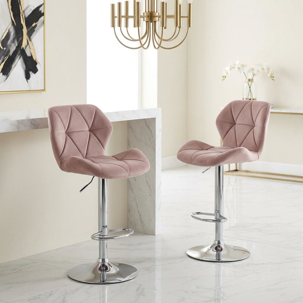 Mauve Velvet Diamond Tufted Swivel Barstool Set of 2 with Adjustable Height