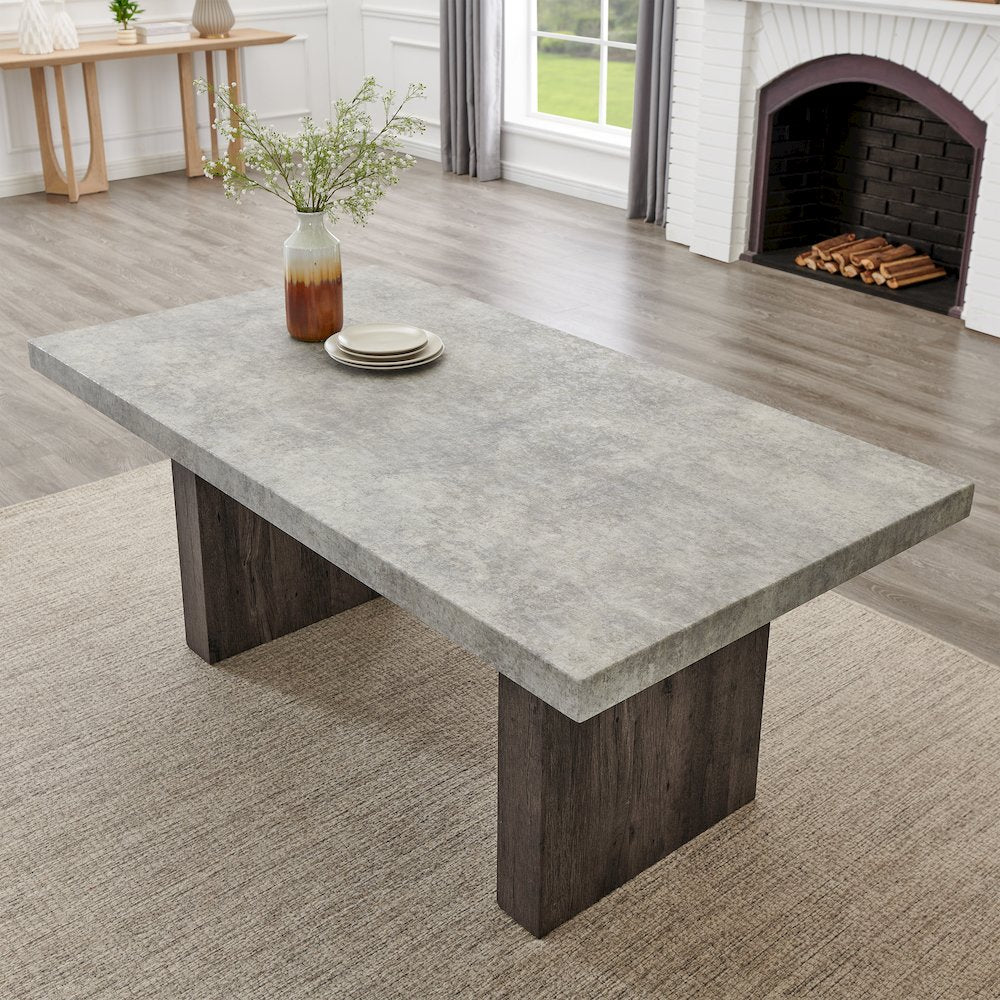 Sorlen 6-PC Dining Set, 3D Faux Concrete Table with 4 Chocolate Chairs and Bench