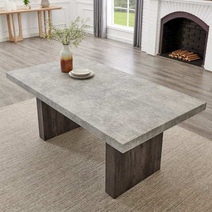 Sorlen 6-PC Dining Set, 3D Faux Concrete Table with 4 Chocolate Chairs and Bench