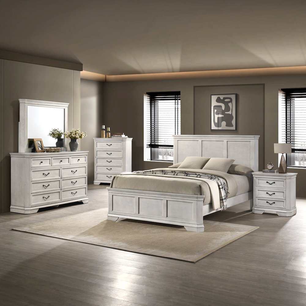 Maderne Wood Panel Bed with Dresser, Mirror, Nightstand, Chest