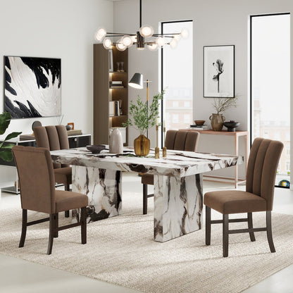 Cavira 5-PC Faux Marble Dining Set, Double Pedestal Table with 4 Chairs