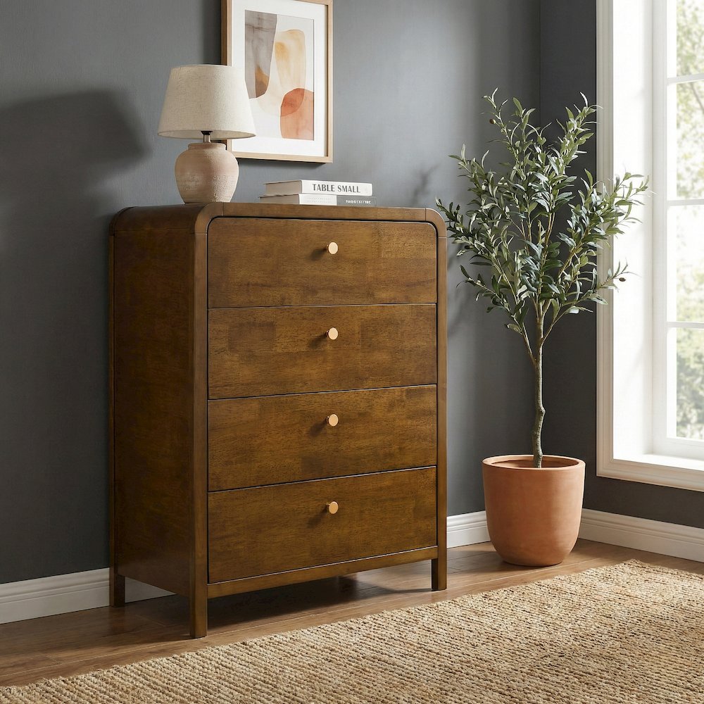 Eldren 4-Drawer Wood Chest with Solid Rubberwood Frame, Walnut Finish