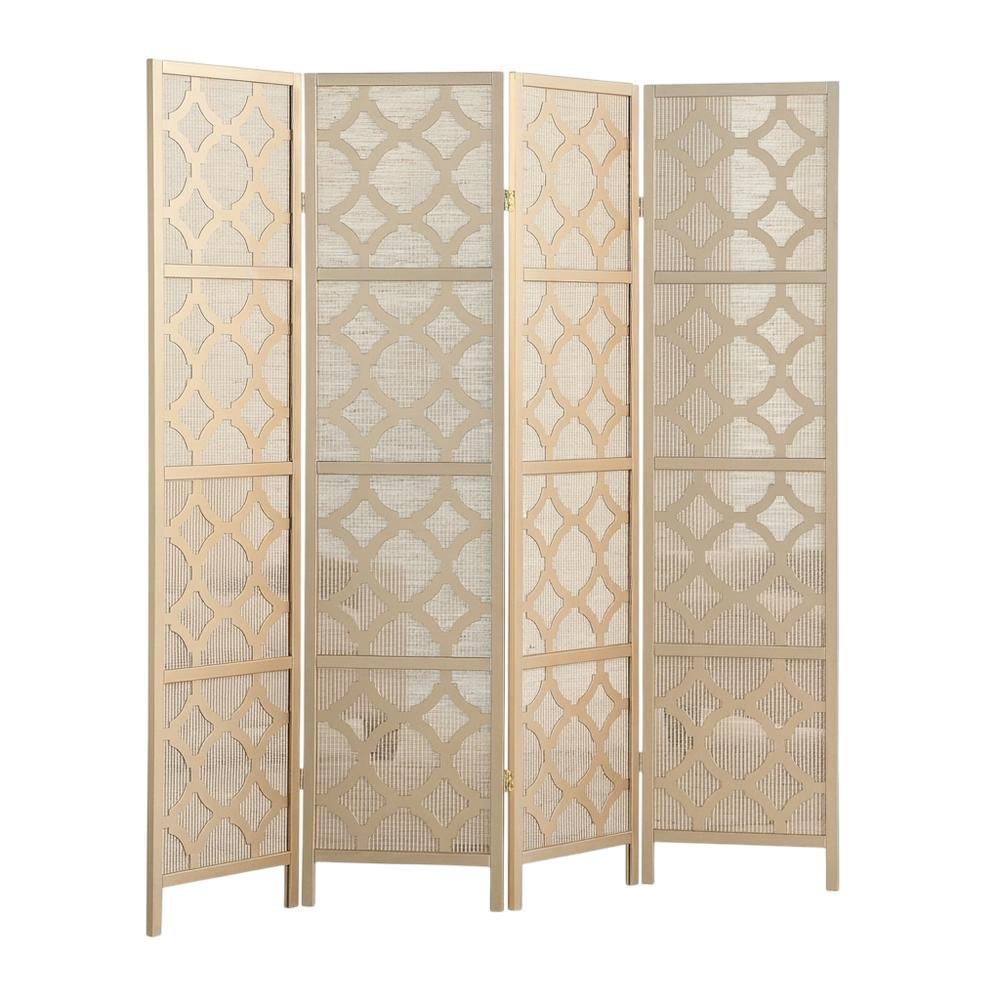 Gold 4-Panel Wood Folding Room Divider, Fabric Diamond Design, 70 Inch