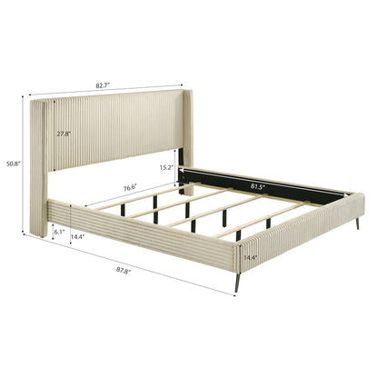 Mavela Wide Wale Corduroy Upholstery Panel King Bed with 2 Nightstands, Cream