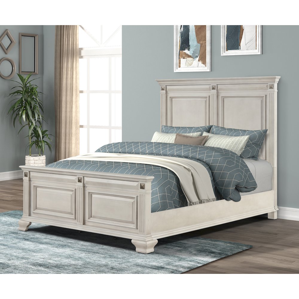 Distressed Parchment Wood Bedroom Set, Queen Bed, Dresser, Mirror, Nightstand