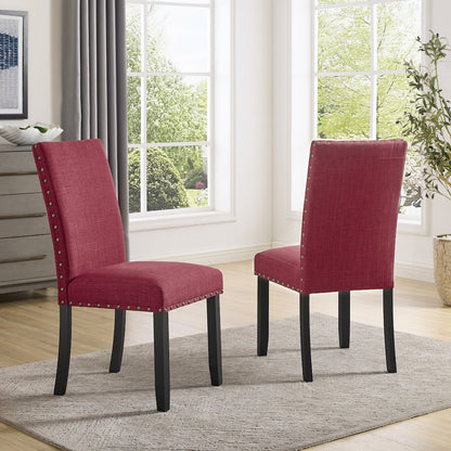 Biony Espresso Wood Dining Set with 4 Fabric Nailhead Chairs, Red