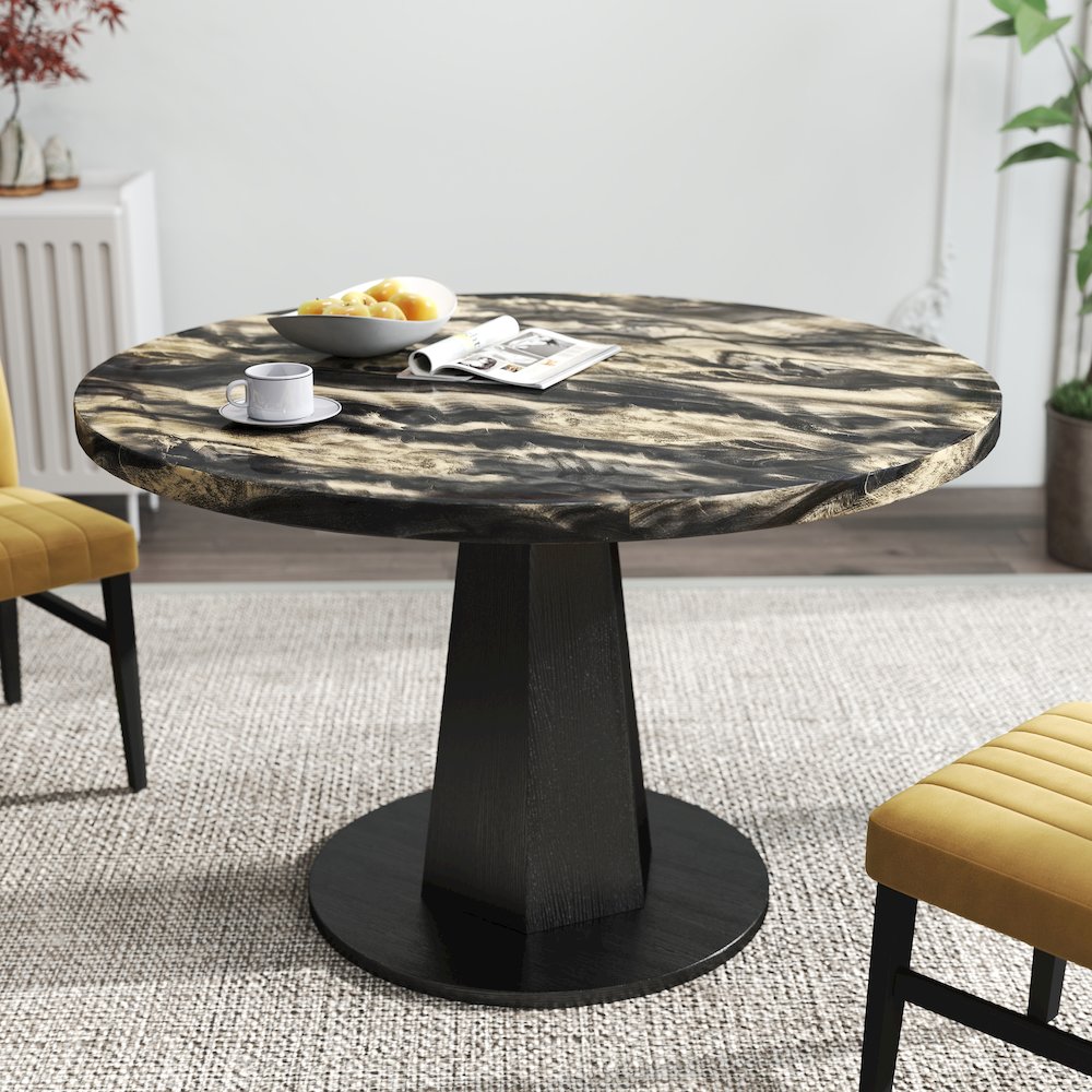 5-Piece Dining Set, Black and Gold Faux Marble Dining Table Four Chairs, Yellow