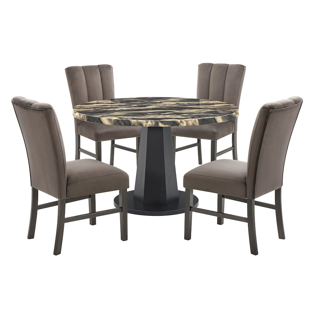 Cavira 5-PC Dining Set, Black and Gold Faux Marble Table with 4 Brown Chairs