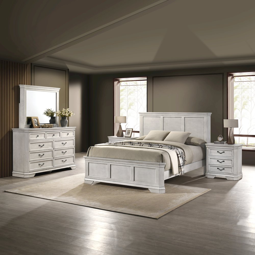 Maderne Wood Panel Bed with Dresser, Mirror, Two Nightstands, Queen