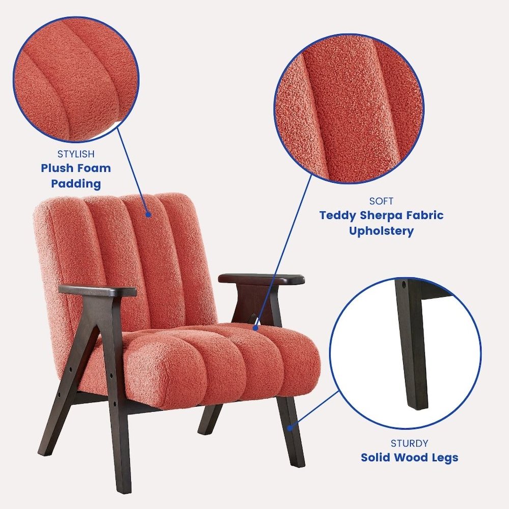 Rella Modern Teddy Sherpa Accent Chair with Espresso Wood Frame, Coral