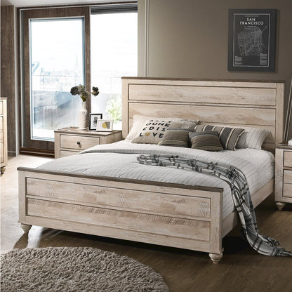 White Wash Finish 5-Piece Bedroom Set-Queen Bed, Dresser, Mirror, 2 Nightstands