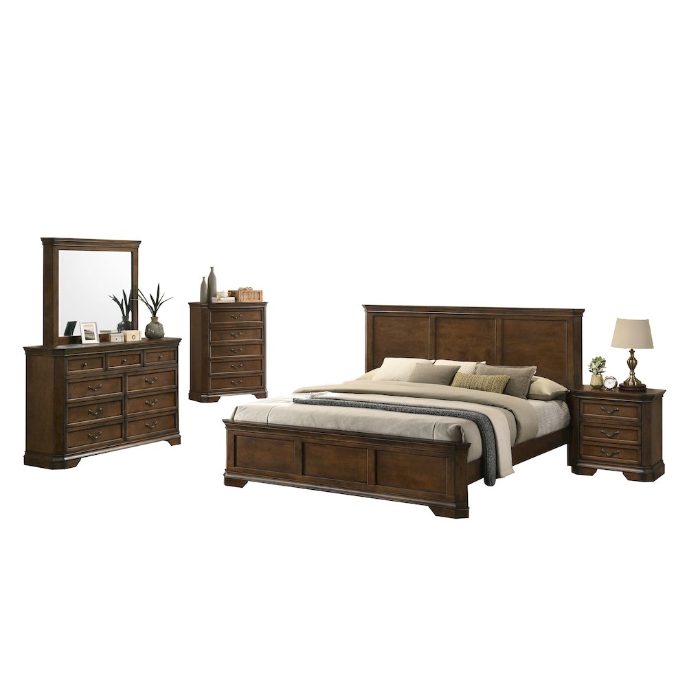 Wood Panel Bed, Dresser, Mirror, Nightstand, Chest, King, Antique Walnut Finish