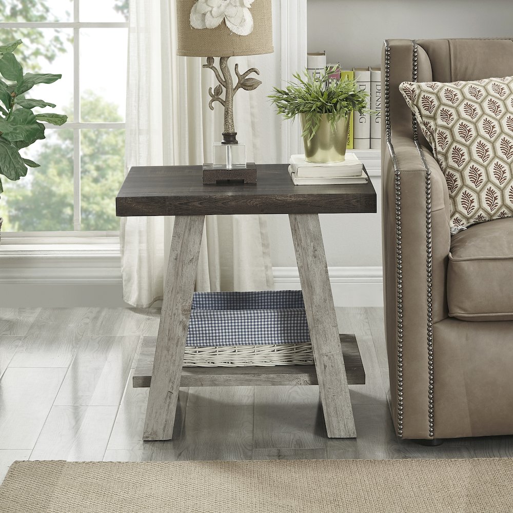 Athens Contemporary 3Pc Wood Shelf Coffee Table Set in Weathered Walnut and Gray