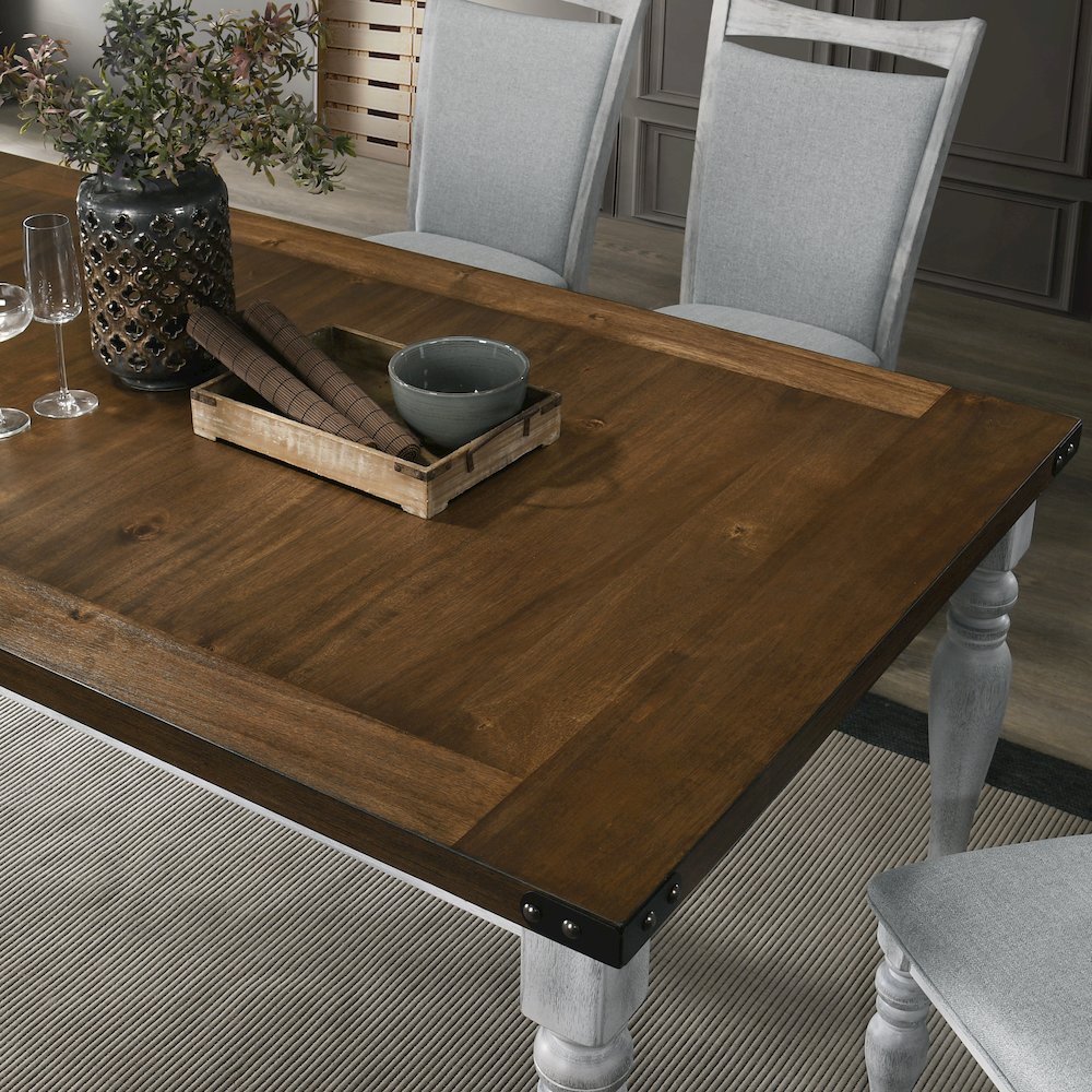 6 Piece Dining Table Set, 4 Upholstered Chairs, 1 Bench, Rustic White and Oak