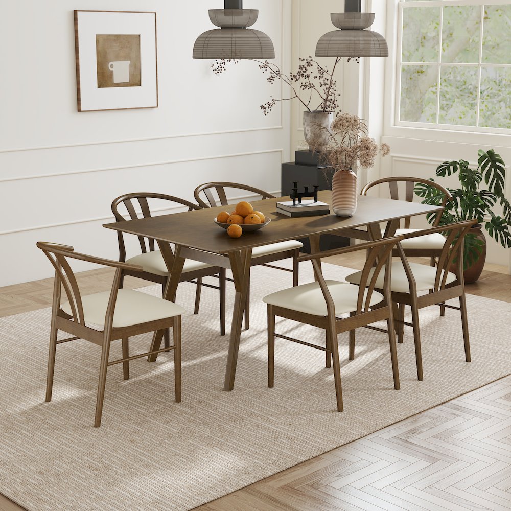 7-Piece Dining Set, Walnut Finished Dining Table with 6 Brown Wishbone Chairs